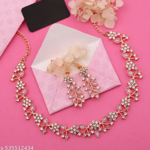 Jewellery Rose Gold-Plated Artificial Stone Studded Necklace Jewellery set with 1 Pair of Earring