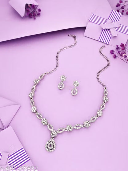 silver Plated Necklace Set With American Diamond