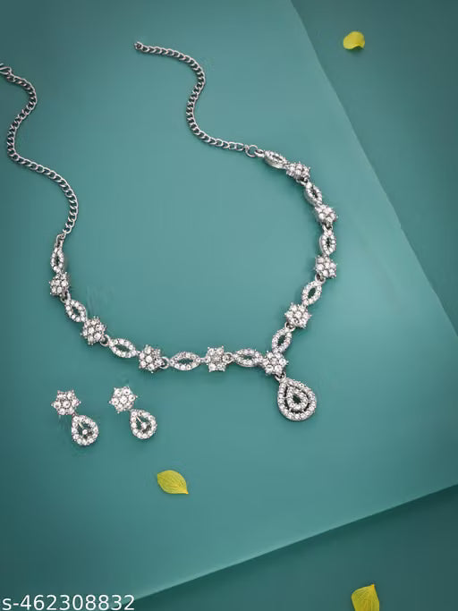 silver Plated Necklace Set With American Diamond