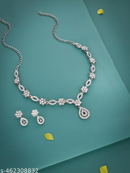 silver Plated Necklace Set With American Diamond